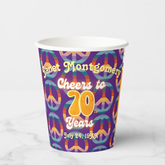 Gobelets En Papier Retro 60's Cheers to 70 ans Personnalisé (Recto)