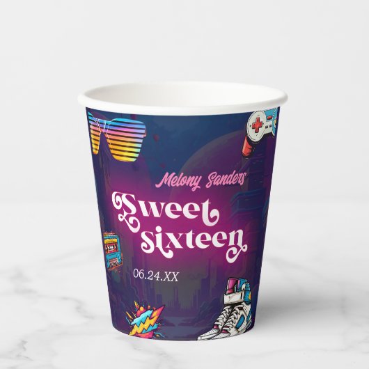 Gobelets En Papier Retro 80's Sweet 16 fête d'anniversaire (Recto)