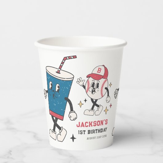 Gobelets En Papier Retro Baseball Vibes Boy Anniversaire (Recto)