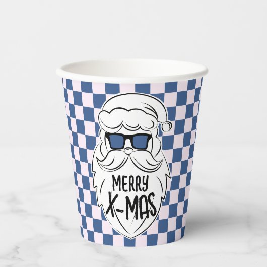 Gobelets En Papier Retro Blue Pink Checkered Santa Claus Christmas (Recto)