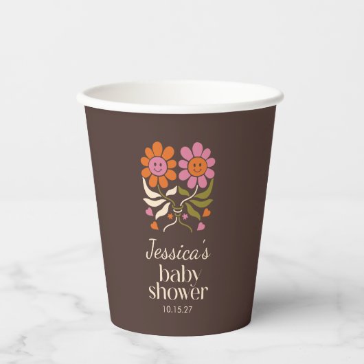 Gobelets En Papier Retro Boho Brown Fleur Baby shower Super Personnal (Recto)