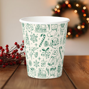 Gobelets En Papier Retro Green Christmas Doodle