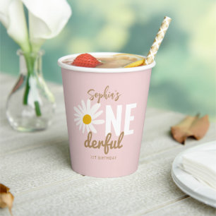 Gobelets En Papier Retro Pink Daisy ONE derful 1st Birthday Party