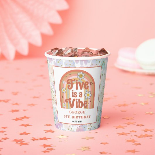 Gobelets En Papier Retro Rainbow FIVE is a Vibe Groovy 5th Birthday (Insitu)