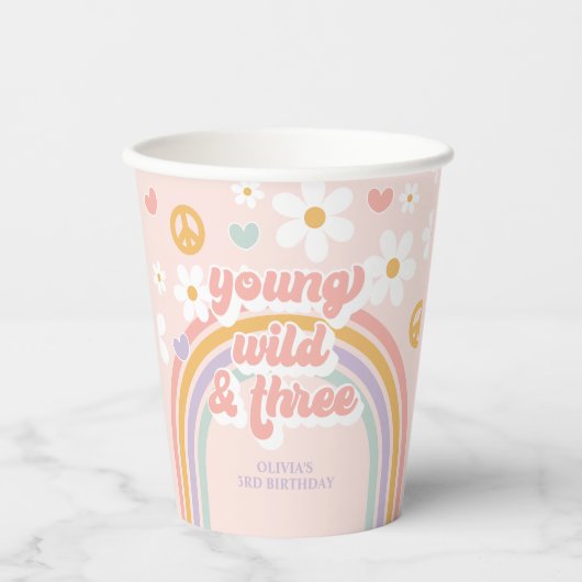 Gobelets En Papier Retro Rainbow jeune sauvage trois 3e anniversaire (Recto)