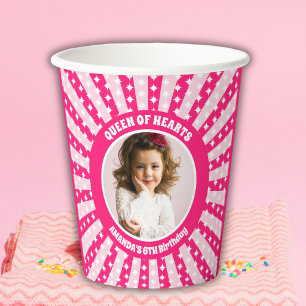 Gobelets En Papier Retro Reine des Coeurs Rose Photo de fête d'annive