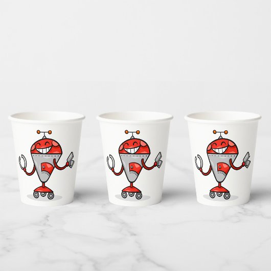 Gobelets En Papier Retro Robot Cartoon amusant Rouge et Argent AI Bot