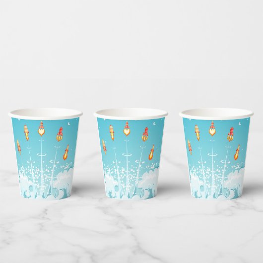 Gobelets En Papier Retro Rocket Navire Lancement d'Art Spatial Futuri