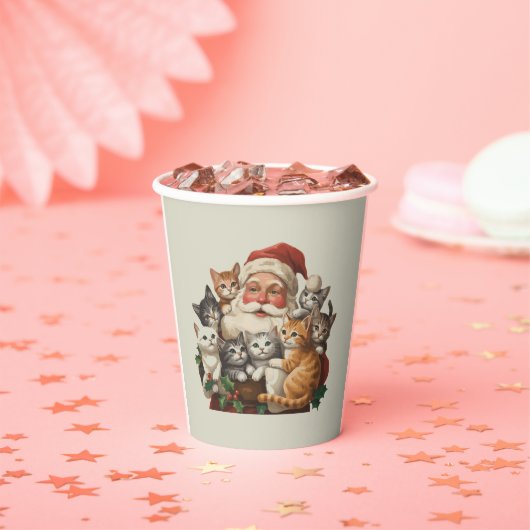 Gobelets En Papier Retro Santa Claus & Kittens Christmas Winter 90s (Insitu)
