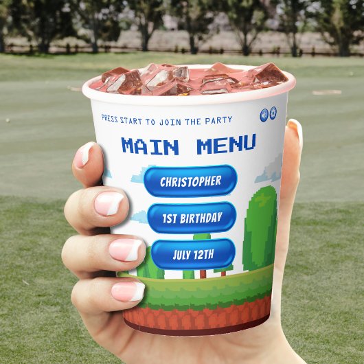 Gobelets En Papier Retro Video Game Menu 1ère fête d'anniversaire