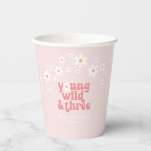 Gobelets En Papier Retro Young Wild Three daisy boho 3e anniversaire