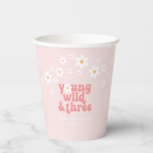 Gobelets En Papier Retro Young Wild Three daisy boho 3e anniversaire (Recto)