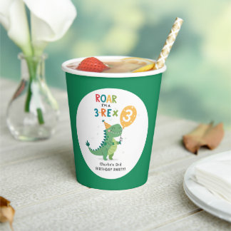 Gobelets En Papier Roar Je suis un 3-Rex Enfants Troisième fête d'ann