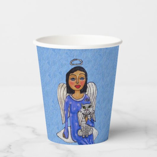 Gobelets En Papier Robe Bleue Angel tenant Blanc Ange Chat sur Nuage