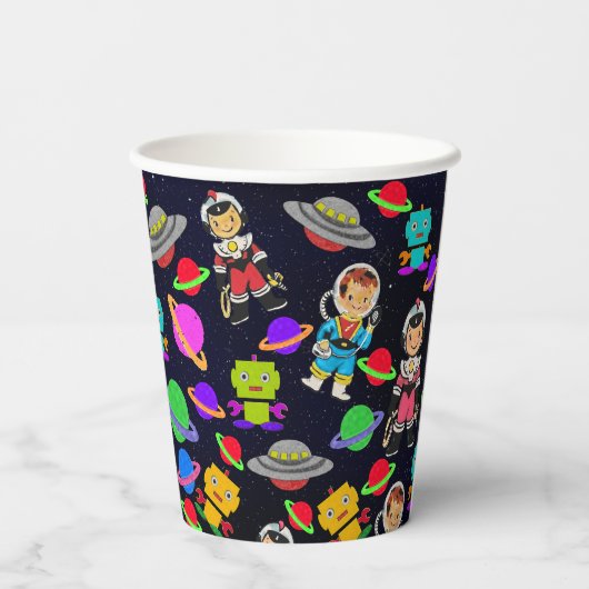 Gobelets En Papier Robots rétro-enfants et astronautes (Verso)