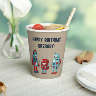 Gobelets En Papier Robots rétro mignons Sci-Fi Boys Anniversaire