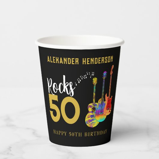 Gobelets En Papier Rock and Roll 50th Birthday Party Nom (Verso)
