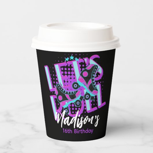 Gobelets En Papier Roller Skates Sweet 16 Thème Anniversaire (Recto)