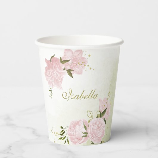 Gobelets En Papier romantique fleurs roses verdure (Verso)