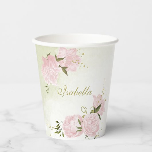 Gobelets En Papier romantique fleurs roses verdure (Recto)