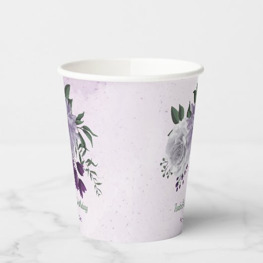 Gobelets En Papier Romantique violet fleurs blanches vert (Gauche)