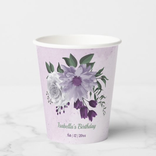 Gobelets En Papier Romantique violet fleurs blanches vert (Recto)