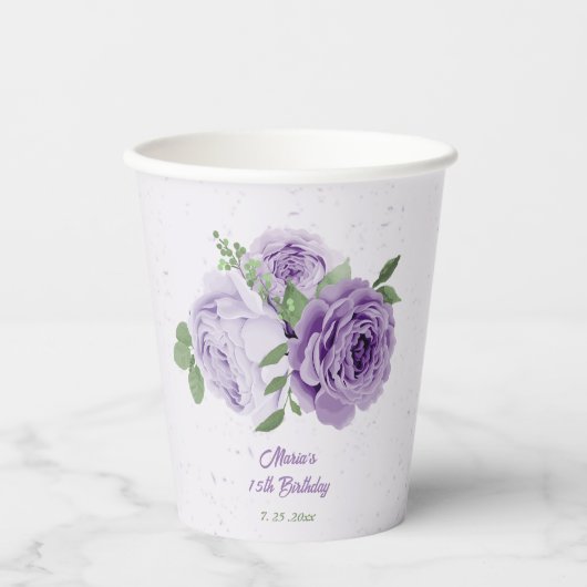 Gobelets En Papier romantique violet lavande fleurs vert feuille (Recto)