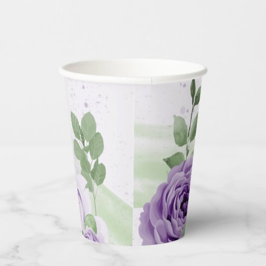 Gobelets En Papier romantique violet lavande fleurs vert feuille (Droite)