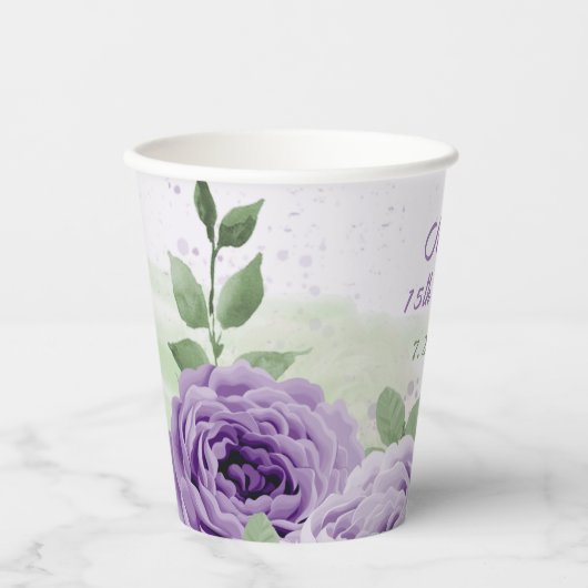 Gobelets En Papier romantique violet lavande fleurs vert feuille (Recto)