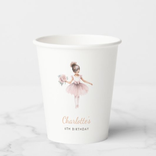 Gobelets En Papier Rose Ballerina Fille Anniversaire Fête Aquarelle (Recto)