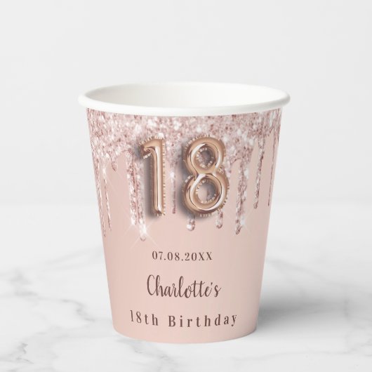 Gobelets En Papier rose de 18ème anniversaire parties scintillant gou (Recto)