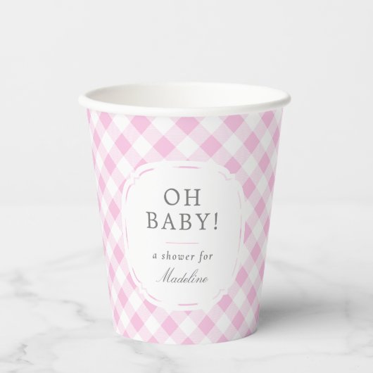 Gobelets En Papier Rose et blanc En vichy Motif Oh Baby shower (Recto)