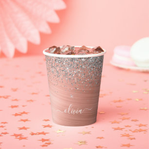Gobelets En Papier Rose Gold Argent Paillettes Monogramme Métal Bross