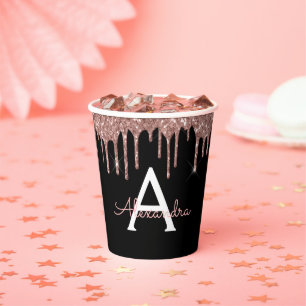 Gobelets En Papier Rose Gold Blush Fleur Pailleté et Monogramme scint