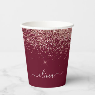 Gobelets En Papier Rose Gold Burgundy Pailleté Monogramme