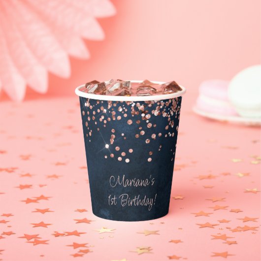 Gobelets En Papier Rose Gold Navy Blue 1er anniversaire fête (Insitu)