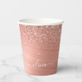 Gobelets En Papier Rose Gold Rose en Métal Brossé Pailleté Monogramme (Recto)