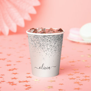 Gobelets En Papier Rose Gold - Rose Pâle Paillettes Argent Monogramme