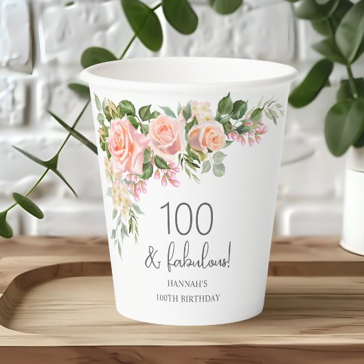 Gobelets En Papier Rose rose de Peach Floral 100e anniversaire