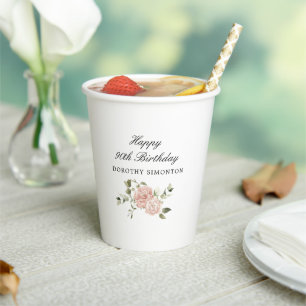 Gobelets En Papier Rose rose Dusty Floral 90e anniversaire