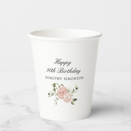 Gobelets En Papier Rose rose Dusty Floral 90e anniversaire (Recto)