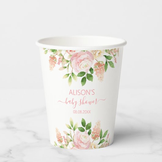 Gobelets En Papier Rose rose élégant Baby shower floral fille (Verso)