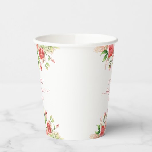 Gobelets En Papier Rose Rose Floral Vert Fille Baby shower (Gauche)