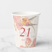 Gobelets En Papier Rose rose, Oiseau 21e Coupe d'anniversaire (Recto)
