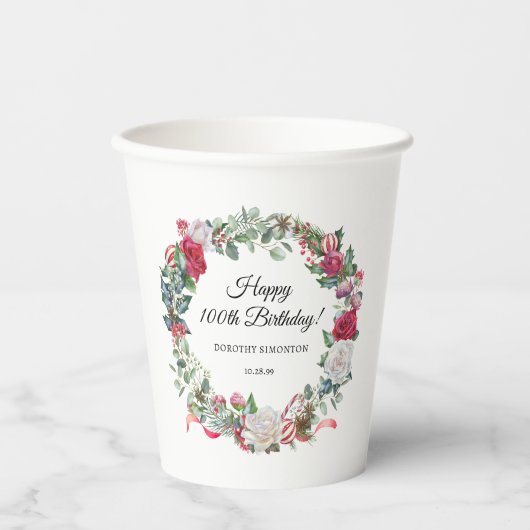 Gobelets En Papier Rose rouge et Holly 100e anniversaire Elegant (Recto)