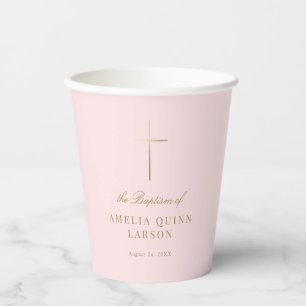 Gobelets En Papier Rose Simple Elegant Gold Cross Baptism Christening