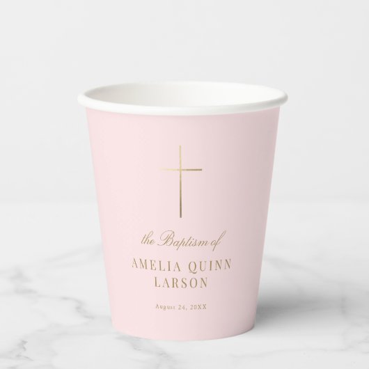 Gobelets En Papier Rose Simple Elegant Gold Cross Baptism Christening (Recto)