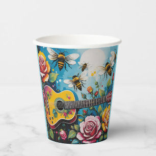 Gobelets En Papier Roses de guitare acoustique et jardin de printemps
