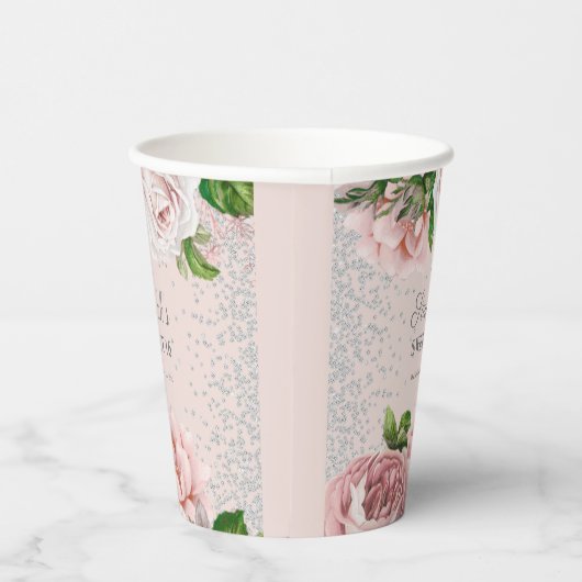 Gobelets En Papier Roses rose pâle Floral Silver Parties scintillant (Droite)