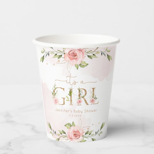 Gobelets En Papier Roses rose vif c'est un baby shower fille (Recto)